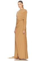 Fluid Asymmetric Draped Waist Long Sleeve Floor Length Dress