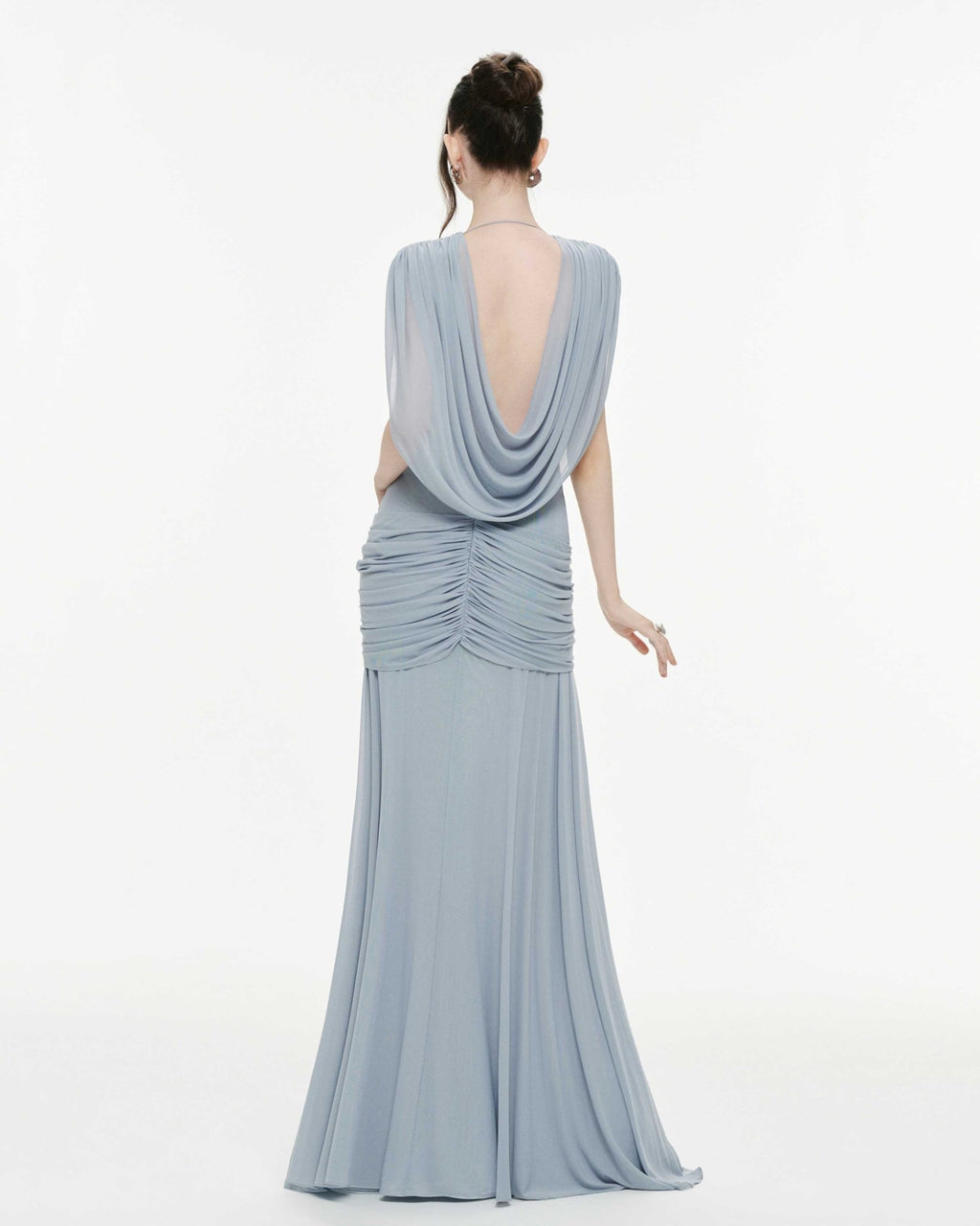 Women Deep V Cape Sleeve Cross Wrap Ruched Waist Sheer Chiffon Flowy Floor Length Maxi Formal Gown - MAYMOONLY