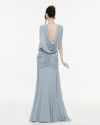 Women Deep V Cape Sleeve Cross Wrap Ruched Waist Sheer Chiffon Flowy Floor Length Maxi Formal Gown - MAYMOONLY