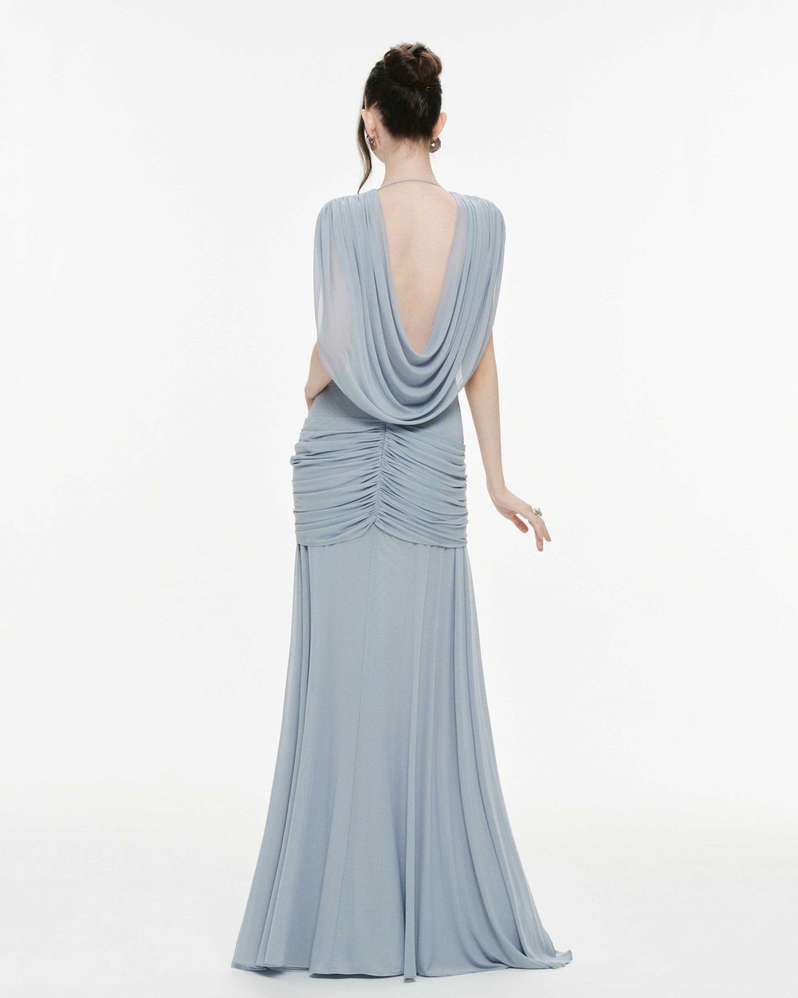 Women Deep V Cape Sleeve Cross Wrap Ruched Waist Sheer Chiffon Flowy Floor Length Maxi Formal Gown - MAYMOONLY