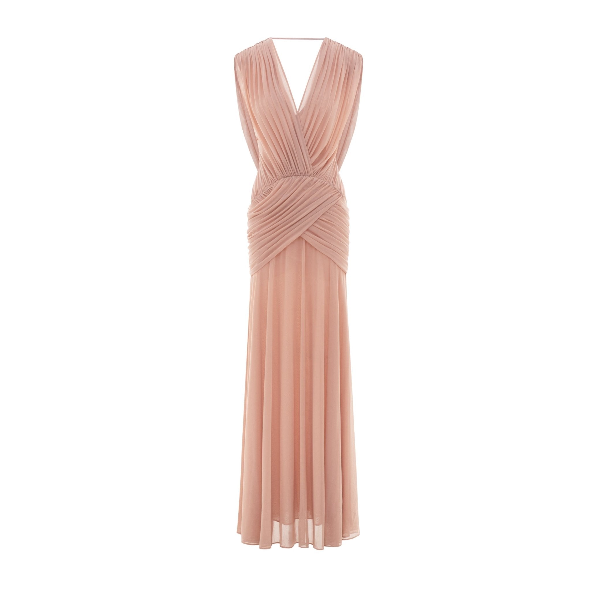Women Deep V Cape Sleeve Cross Wrap Ruched Waist Sheer Chiffon Flowy Floor Length Maxi Formal Gown - MAYMOONLY