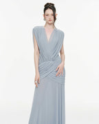 Women Deep V Cape Sleeve Cross Wrap Ruched Waist Sheer Chiffon Flowy Floor Length Maxi Formal Gown - MAYMOONLY