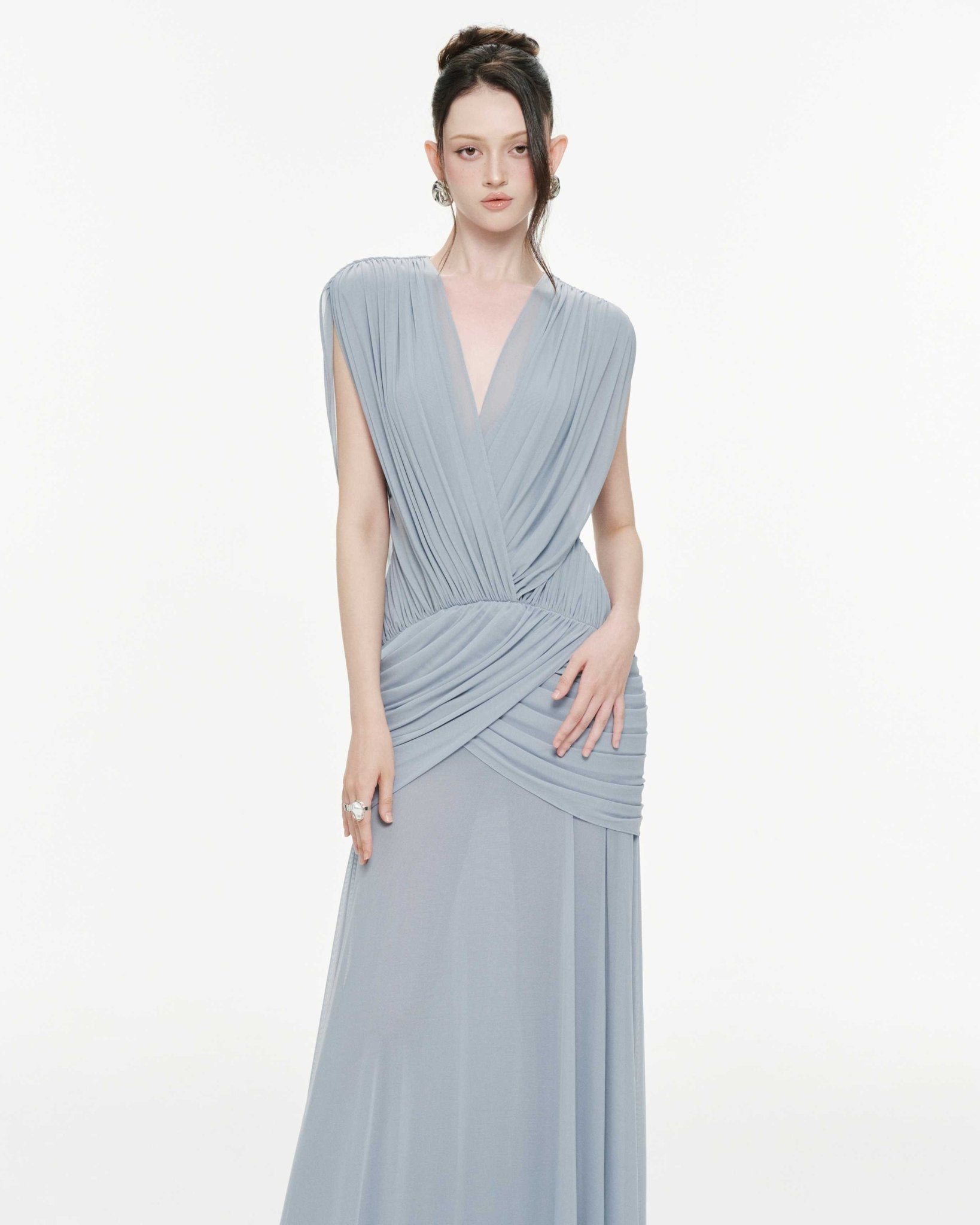 Women Deep V Cape Sleeve Cross Wrap Ruched Waist Sheer Chiffon Flowy Floor Length Maxi Formal Gown - MAYMOONLY