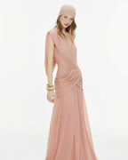 Women Deep V Cape Sleeve Cross Wrap Ruched Waist Sheer Chiffon Flowy Floor Length Maxi Formal Gown - MAYMOONLY