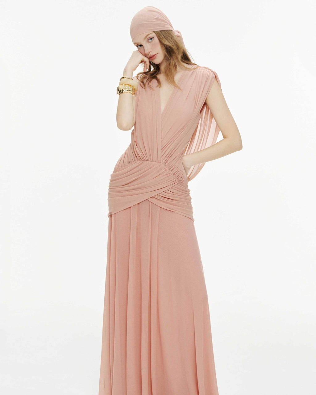 Women Deep V Cape Sleeve Cross Wrap Ruched Waist Sheer Chiffon Flowy Floor Length Maxi Formal Gown - MAYMOONLY