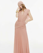 Women Deep V Cape Sleeve Cross Wrap Ruched Waist Sheer Chiffon Flowy Floor Length Maxi Formal Gown - MAYMOONLY