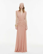 Women Deep V Cape Sleeve Cross Wrap Ruched Waist Sheer Chiffon Flowy Floor Length Maxi Formal Gown - MAYMOONLY