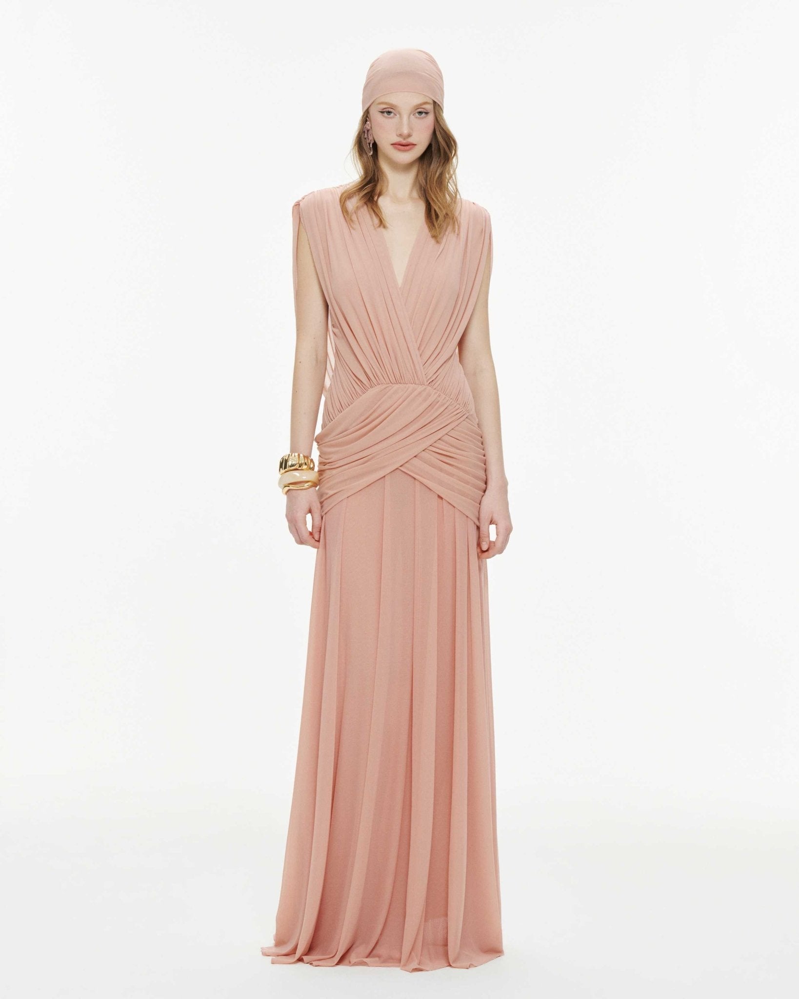 Women Deep V Cape Sleeve Cross Wrap Ruched Waist Sheer Chiffon Flowy Floor Length Maxi Formal Gown - MAYMOONLY