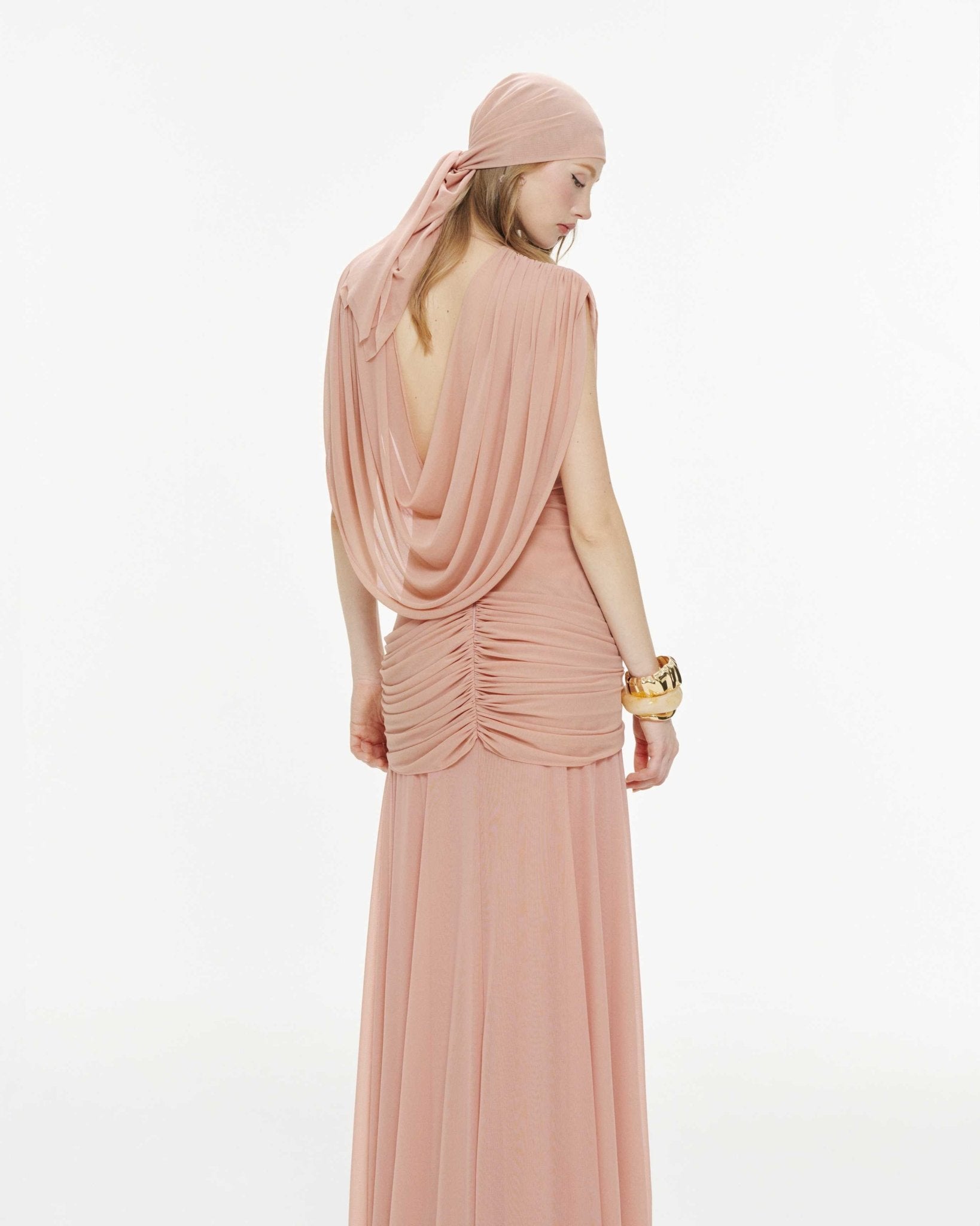 Women Deep V Cape Sleeve Cross Wrap Ruched Waist Sheer Chiffon Flowy Floor Length Maxi Formal Gown - MAYMOONLY