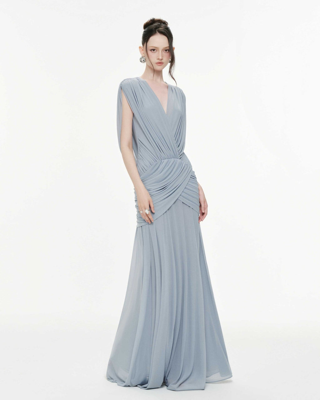 Women Deep V Cape Sleeve Cross Wrap Ruched Waist Sheer Chiffon Flowy Floor Length Maxi Formal Gown - MAYMOONLY