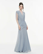 Women Deep V Cape Sleeve Cross Wrap Ruched Waist Sheer Chiffon Flowy Floor Length Maxi Formal Gown - MAYMOONLY