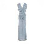 Women Deep V Cape Sleeve Cross Wrap Ruched Waist Sheer Chiffon Flowy Floor Length Maxi Formal Gown - MAYMOONLY