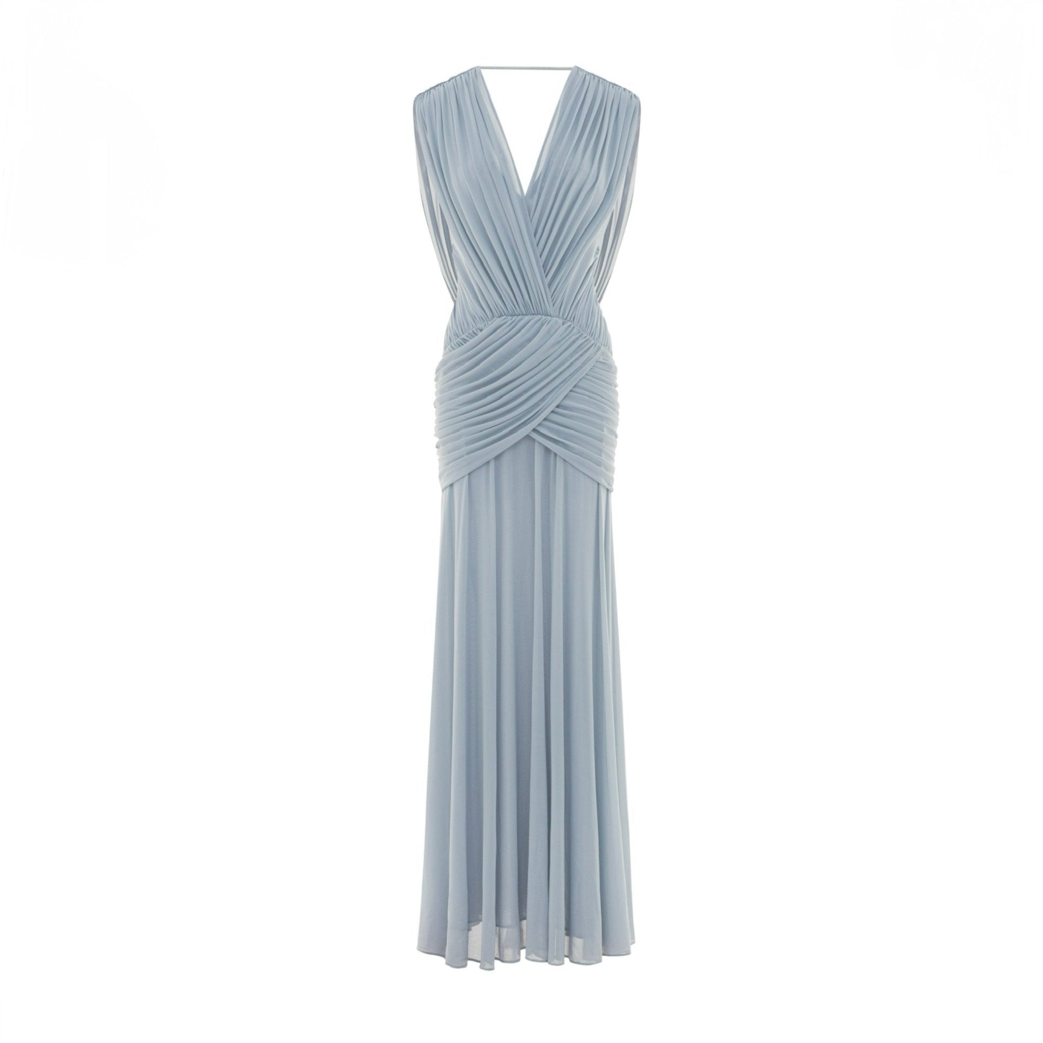 Women Deep V Cape Sleeve Cross Wrap Ruched Waist Sheer Chiffon Flowy Floor Length Maxi Formal Gown - MAYMOONLY