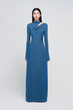 Minimalist Cross Wrap Gathered Bodice Flared Cuff Stretch Knit Formal Long Dress