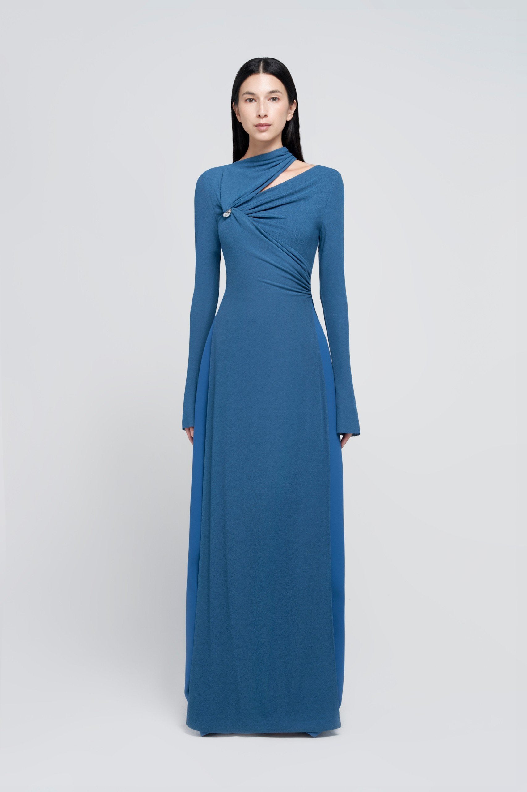 Minimalist Cross Wrap Gathered Bodice Flared Cuff Stretch Knit Formal Long Dress