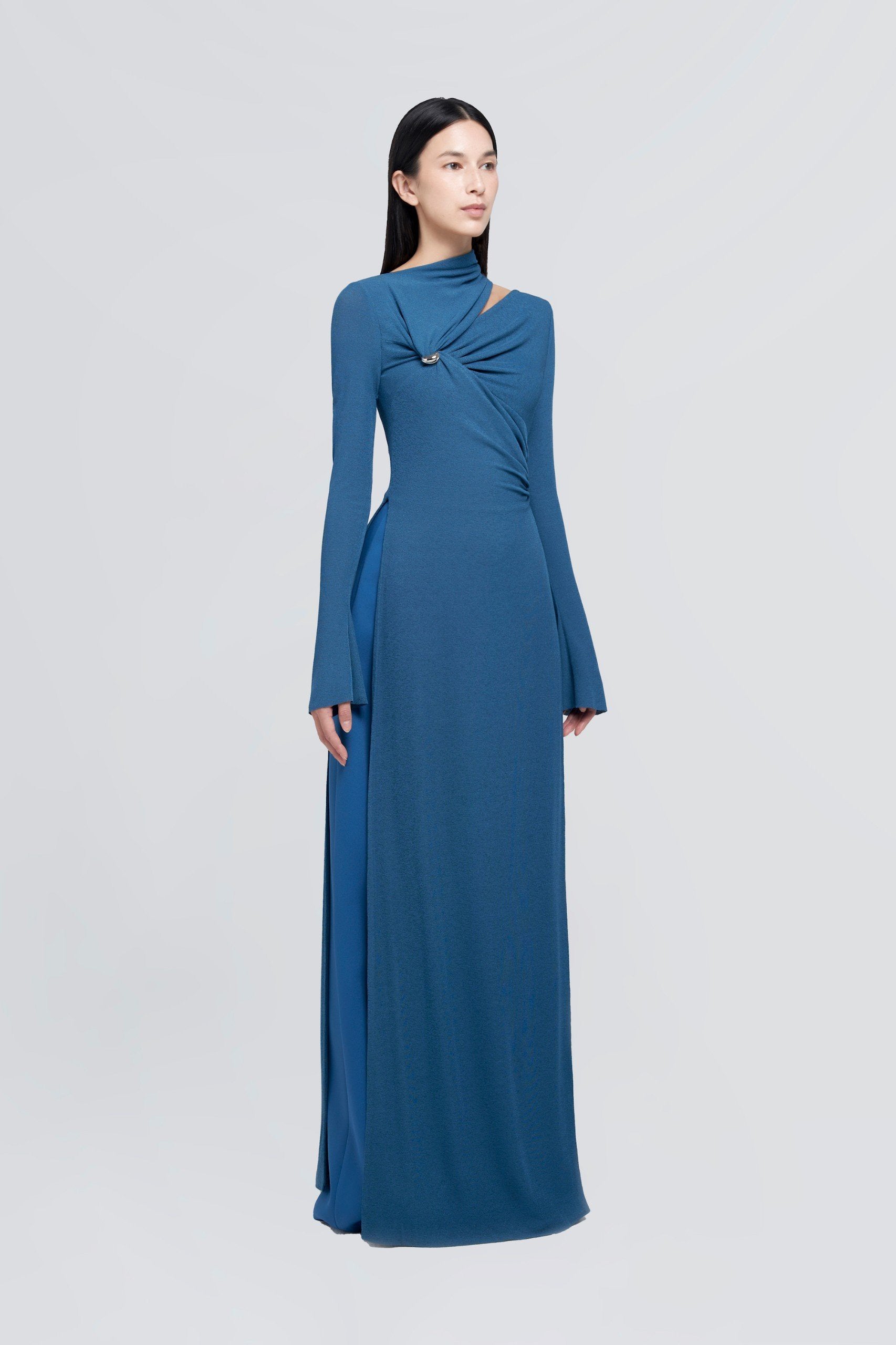 Minimalist Cross Wrap Gathered Bodice Flared Cuff Stretch Knit Formal Long Dress